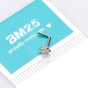14 Karat White Gold Glistening Multi-Gem Flower Sparkle L-Shaped Nose Ring